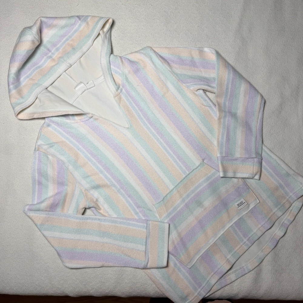 Roxy Girl Pastel Striped Hoodie V-Neck Pullover Sweatshirt Size L 14/16